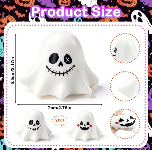 Product size diagram for a white ghost-shaped squishy toy with a stitched black face, shown with dimensions, circular detail insets, and two smaller ghost variants on a Halloween-themed background.