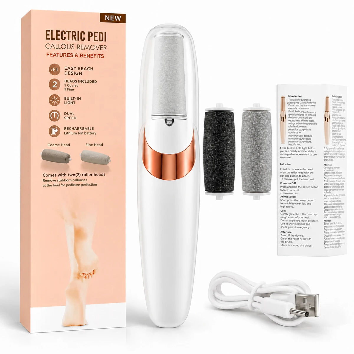 Electric Callus Remover For Feet (2 Roller Heads)