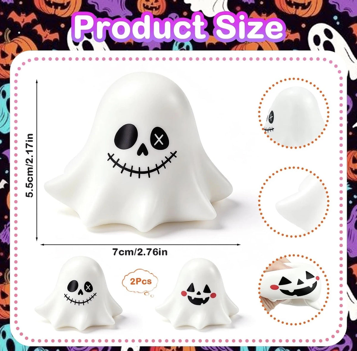 Product size diagram for a white ghost-shaped squishy toy with a stitched black face, shown with dimensions, circular detail insets, and two smaller ghost variants on a Halloween-themed background.