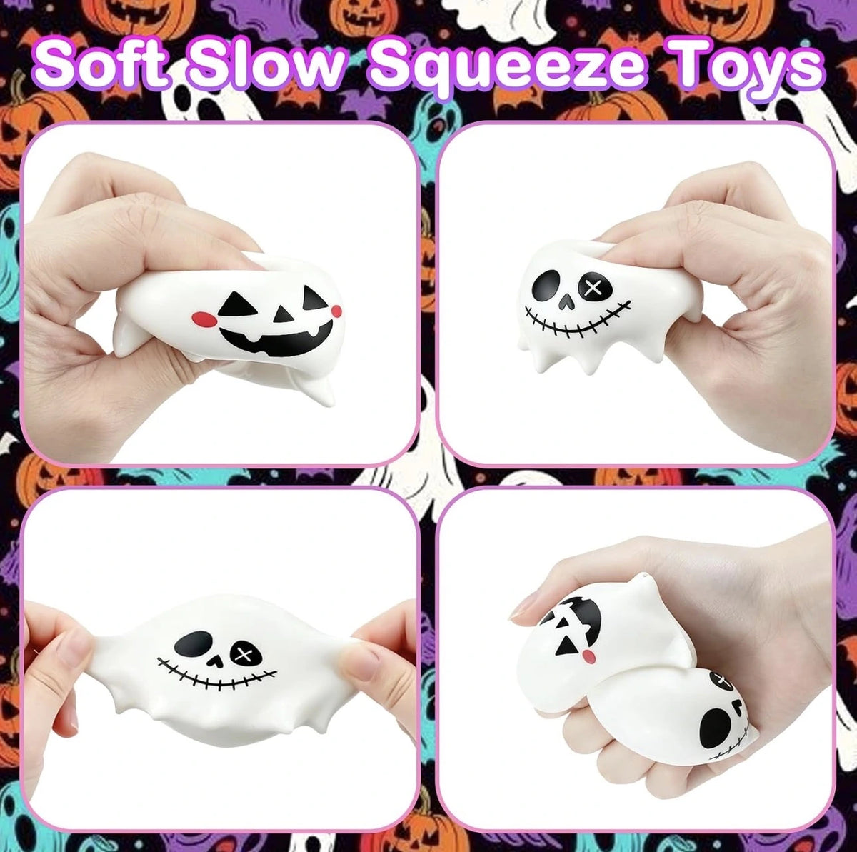 Four-panel collage showing a white ghost-shaped squishy toy with black cartoon faces, being squeezed by hands. The top of the image has the text 'Soft Slow Squeeze Toys' over a Halloween-themed decorative background.