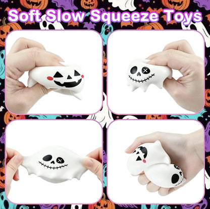 Four-panel collage showing a white ghost-shaped squishy toy with black cartoon faces, being squeezed by hands. The top of the image has the text 'Soft Slow Squeeze Toys' over a Halloween-themed decorative background.